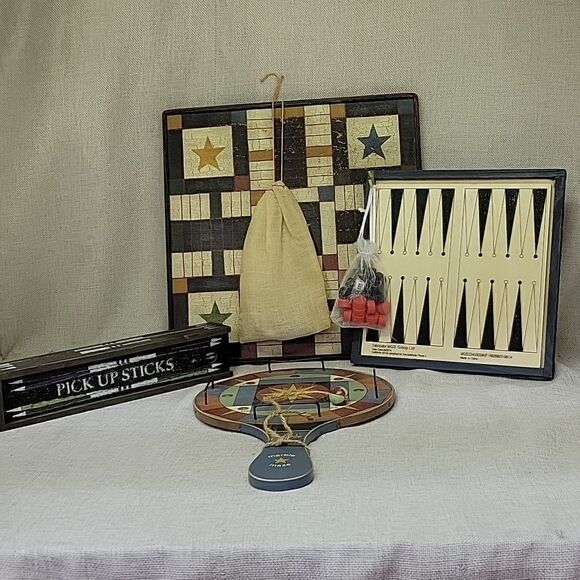 Mini Wooden board games.Parchisi, backgammon, checkers, pick up sticks, Wahoo - Picture 1 of 13